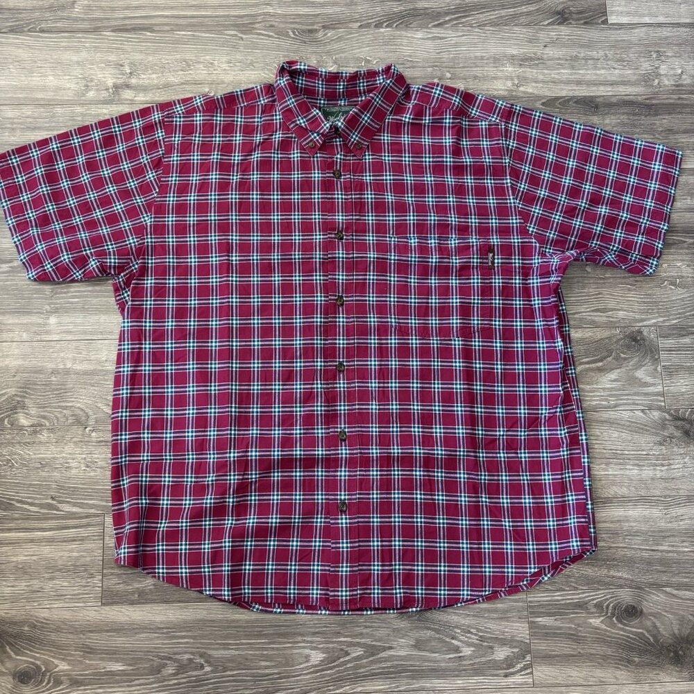 Woolrich Button Down Shirt 2XL Mens Short Sleeve Red‎ Blue Plaid Pocket Casual